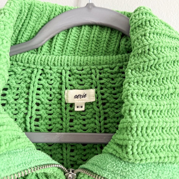 Aerie Green Chunky Knit Quarter Zip Sweater Cable Knit Collared Cozy Size M - Picture 3 of 5